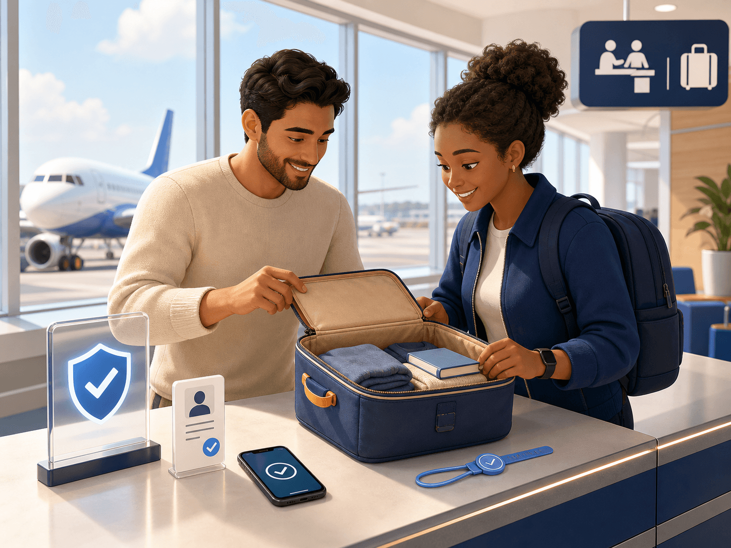 A sender and verified traveller inspecting an open parcel together at an airport before sealing it